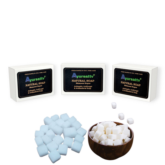 AyursattvNatural Handmade Herbal Soap With Real Bhimseni Kapoor For All Skin Type Antiseptic, antifungal & antibacterial soap,(pack of 3) [100 * 3] [300GM]