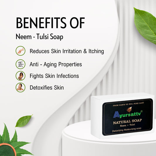 Ayursattv Neem Tulsi Natural Soap – Pack of 5 | 100% Handmade Ayurvedic Bathing Bars | Anti-Acne, Oil Control & Skin Detox | For Oily, Sensitive & Acne-Prone Skin | Herbal Face & Body Soap | Paraben & Sulfate Free | 100g Each [100*5] [500GM]