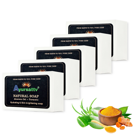 Ayursattv Aloe Vera & Turmeric Ayurvedic Soap – Herbal Brightening & Healing Soap Bar – Fights Acne, Hydrates, Reduces Blemishes –Sulfate & Paraben Free – Gentle for All Skin Types – 100g Each (Pack of 5) [100g x 5, 500g ]