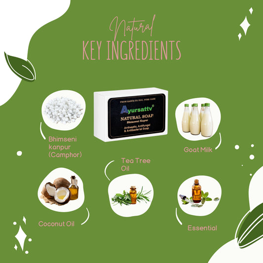 AyursattvNatural Handmade Herbal Soap With Real Bhimseni Kapoor For All Skin Type Antiseptic, antifungal & antibacterial soap,(pack of 3) [100 * 3] [300GM]